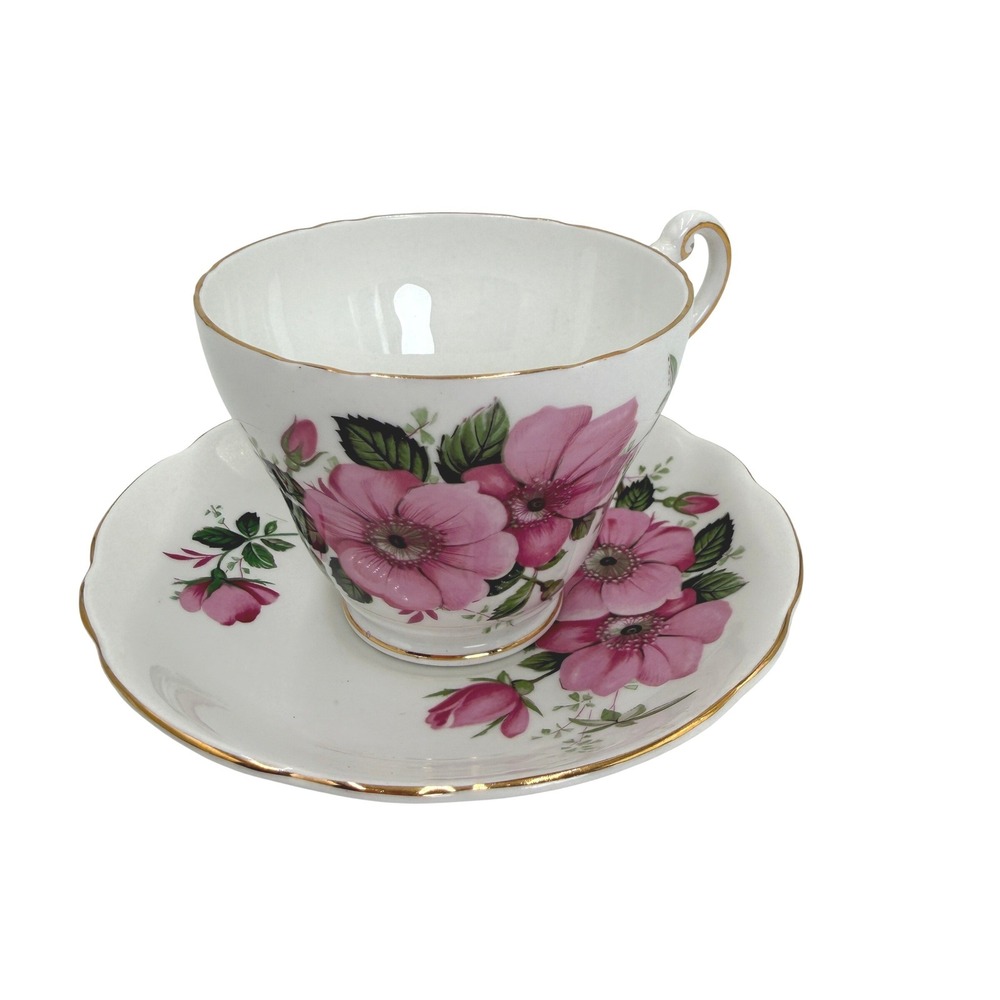 Regency English Bone China Tea Cup‎ Saucer Set White Pink Floral Gold Trim